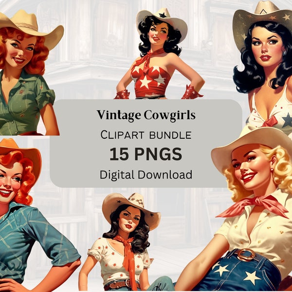 15 Vintage Pinup Cowgirl Clipart| Transparent Background| Resizable 300 DPI| PNG+JPEGS| Commercial Use