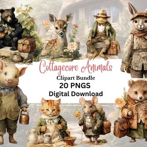 Cottagecore Animals Clipart Bundle, Junk Journal, Scrapbooking, Fantasy Art, PNGS, Transparent Background, Commercial Use