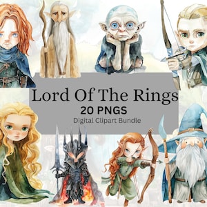 Pacchetto Clipart del Signore degli Anelli, Acquerello Chibi, Gollum, Gandfalf, Scrapbooking, Diario di Scarto, Acquerello PNG, Download Digitale