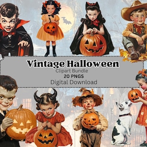 Clipart de Halloween retro de los años 50, otoño, calabaza PNG, Halloween infantil, álbum de recortes, diario basura, descarga digital, uso comercial