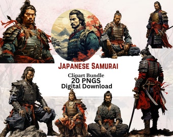 20 Watercolor Japanese Samurai Clipart Bundle, Scrapbooking, Junk Journal, Samurai PNG, 300 DPI, Transparent Background, Commercial Use