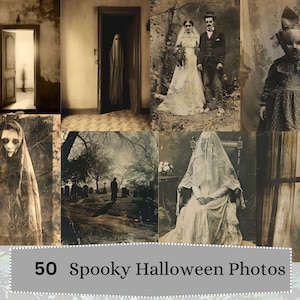 Puede incluir: Un collage de fotos vintage con un tema de Halloween espeluznante. Las fotos muestran un fantasma, una novia y un novio, un niño con una máscara, un cementerio y una mujer con velo.
