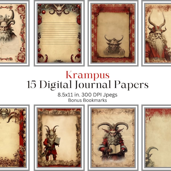 Krampus digitale dagboekbladen plus bonusbladwijzers, scrapbooking, junk journal, commercieel gebruik