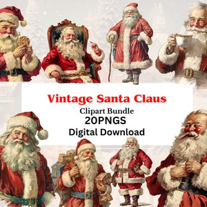Pacote de clipart vintage de Papai Noel, Papai Noel retrô, Scrapbooking, Diário de Junções, 20 PNGs, Fundo transparente, 300 DPI, Uso comercial
