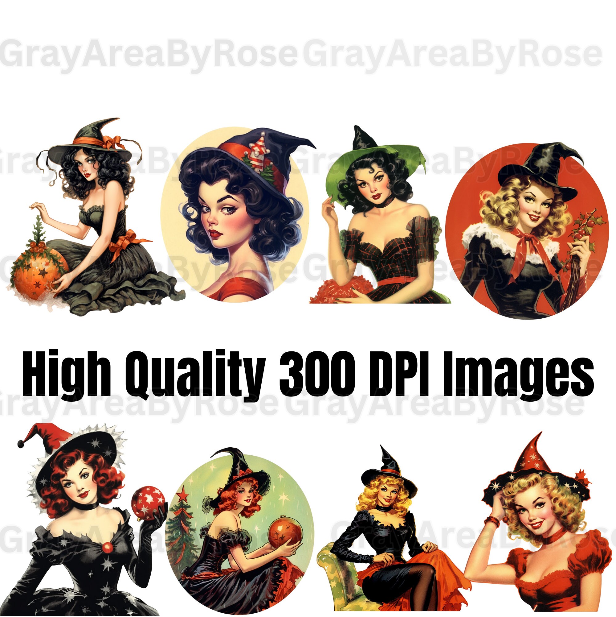 Christmas Vintage Witch Clipart Bundle, Pinup Style, 20 PNGS, Junk