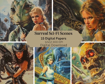 Retro Sci-Fi Art, Surreal Sci-Fi, Vintage Sci-Fi. Digital Paper, Scrapbooking, Junk Journal, Poster Art, Digital Download, Commercial Use