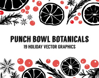 Black Holiday Punch Bowl Botanicals Silhouette Vector Clipart svg