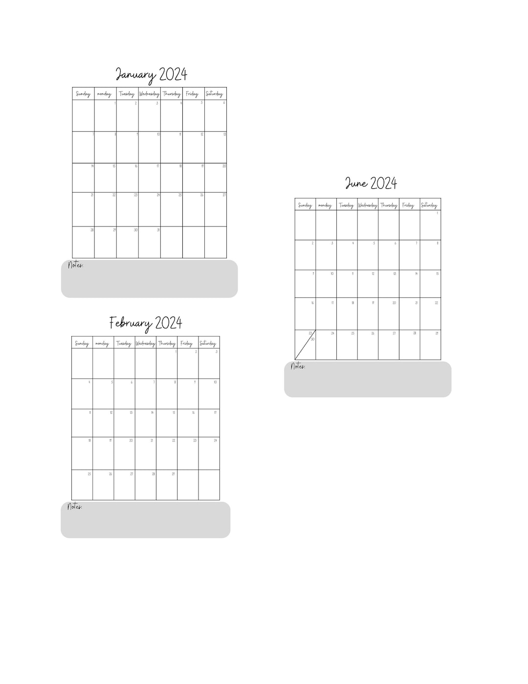 Simple Black and White Printable Calendar Digital Calendar - Etsy