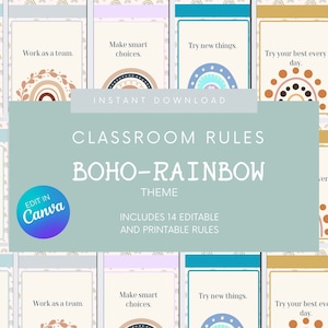 Boho Theme Classroom Rules - Editable Canva Template, Classroom Rule Posters, Rules Refresh, Class Rules