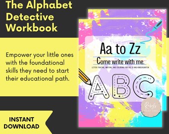 Op de afbeelding: Een kleurrijk werkboek met de titel "Aa to Zz Come write with me." met een paarse, roze en gele achtergrond. De omslag toont een potlood en de letters A, B en C met stippellijnen om te traceren.