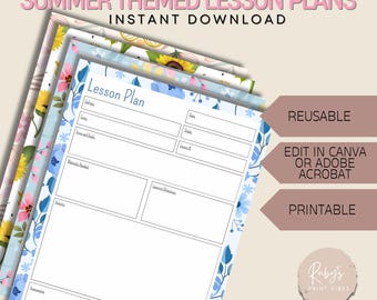 May include: A printable lesson plan template with a summer floral design. The template is titled "Lesson Plan" and includes fields for subject, topic, grade, lesson objectives, materials needed, activities, and assessment. The text "REUSABLE", "EDIT IN CANVA OR ADOBE ACROBAT", and "PRINTABLE" is displayed on the image. The text "Raby's PRINT VIBES" and "ETSY.COM/SHOP/RUBYSPRINTVIBES" is also displayed on the image.