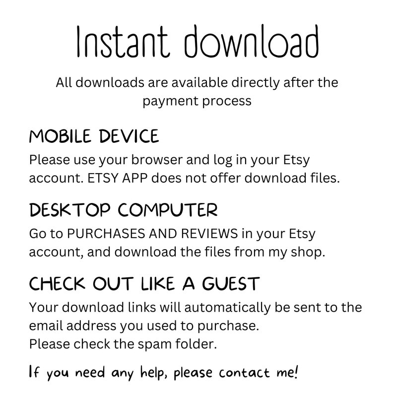 Op de afbeelding: Tekstuele instructies over het downloaden van digitale bestanden die zijn gekocht bij Etsy. De instructies bevatten informatie voor mobiele apparaten, desktopcomputers en gast-checkouts.
