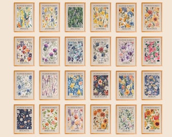 フラワーギャラリーウォールアート、フラワーマーケットプリント、トレンディな花柄ポスター、24 ピースの植物アート、水彩画アートプリントバンドル、デジタルダウンロード
