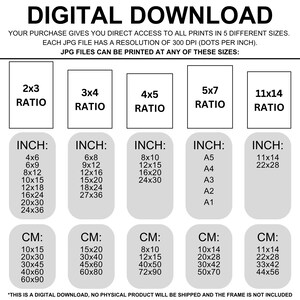 Op de afbeelding: Een grafiek met verschillende afdrukformaten voor digitale downloads. De grafiek geeft de verhouding, de afmetingen in inches en de afmetingen in centimeters voor elke maat weer. De tekst bovenaan de grafiek luidt "DIGITAAL DOWNLOAD".