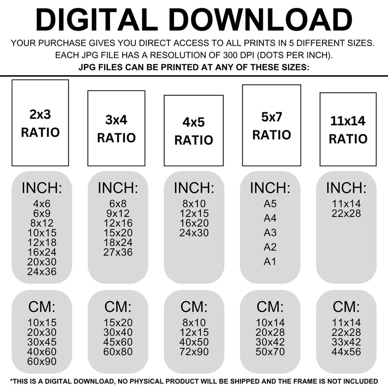 Op de afbeelding: Een grafiek met verschillende afdrukformaten voor digitale downloads. De grafiek geeft de verhouding, de afmetingen in inches en de afmetingen in centimeters voor elke maat weer. De tekst bovenaan de grafiek luidt "DIGITAAL DOWNLOAD".