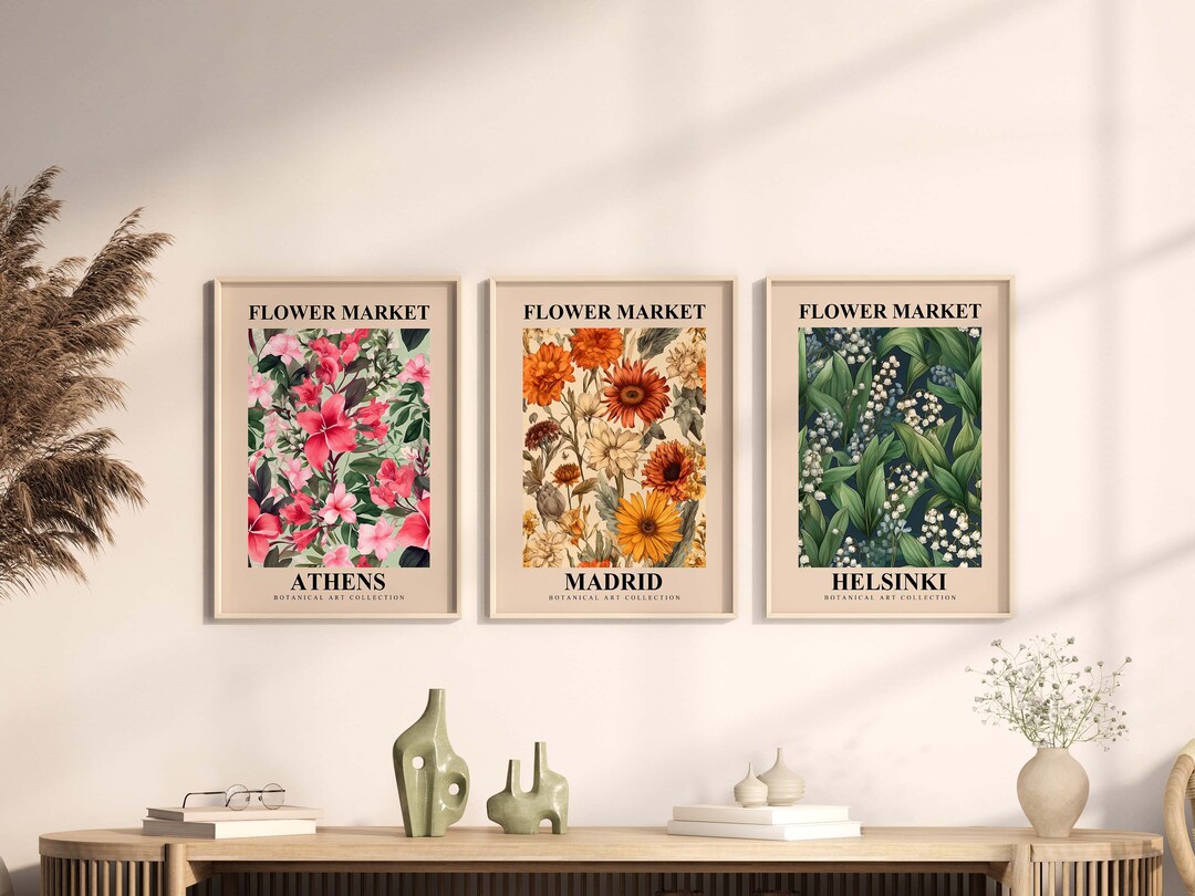Flower Market Print, Set of 3, Botanical Wall Art, Floral Decor Posters ...