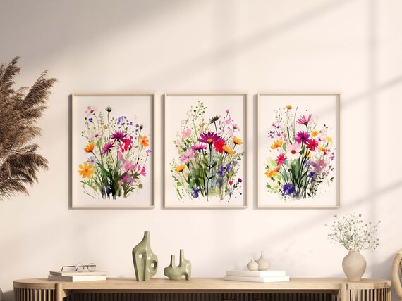 Wildflower Art Prints, Colorful Bright Floral Set of 3, Printable Flowers Watercolor Style, Digital Download, Botanical Art Gift, instant DL