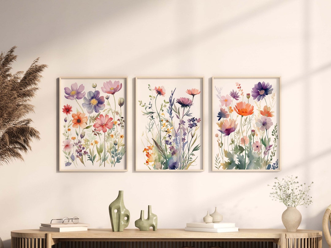 Floral Watercolor Print Set of 3, Wildflower Field Wall Art, Printable ...