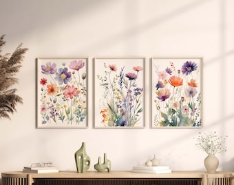 Floral Watercolor Print Set Of 3, Wildflower Field Wall Art, Printable Colorful Flower Artwork, Digital Instand Download, Botanical Gift