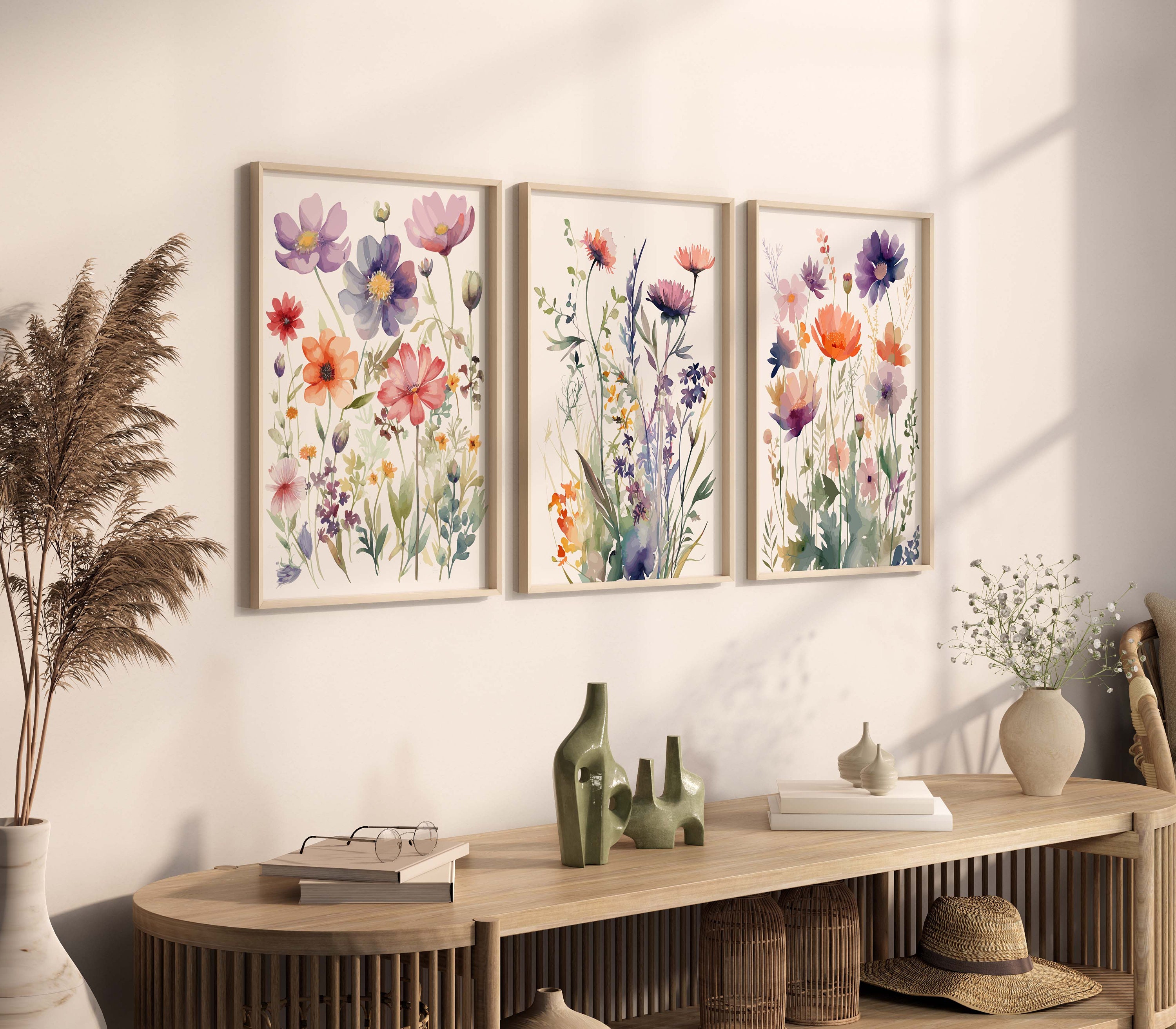 Floral Watercolor Print Set of 3 Wildflower Field Wall Art - Etsy