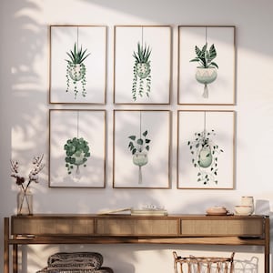 Set of 6 Prints, Botanical hanging Plants Poster, Green Wall Art, Eucalyptus Prints, Greenery minimalist Art, Botanic Print Leaf, Pot Plant