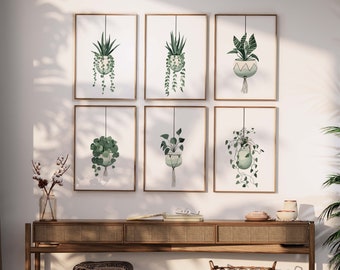 Set von 6 Drucken, Botanische hängende Pflanzen Poster, Grüne Wandkunst, Eukalyptus Drucke, Grün minimalistische Kunst, Topfpflanze,
