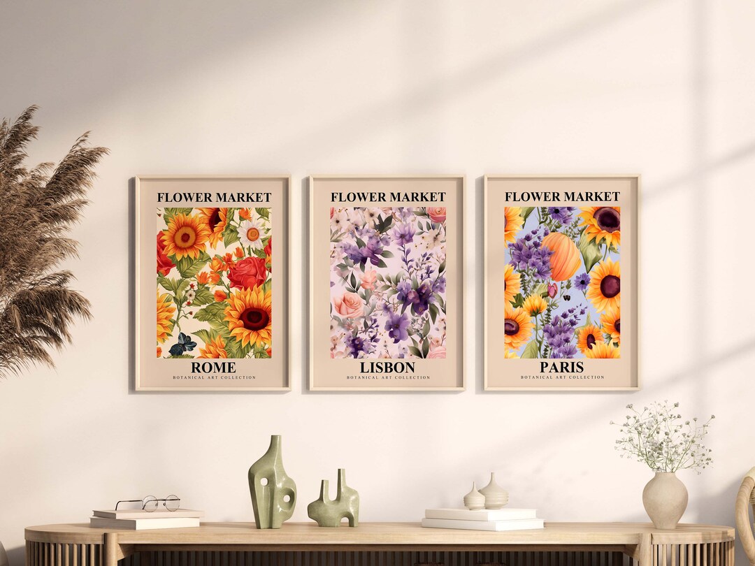 Flower Market Print, Set of 3, Botanical Wall Art, Floral Decor Posters ...
