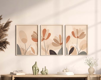 Boho Flower Print, Gallery Wall Art Set, Printable Boho Decor, Mid Century Modern, Handmade Home, Neutral color Prints, Digital Download