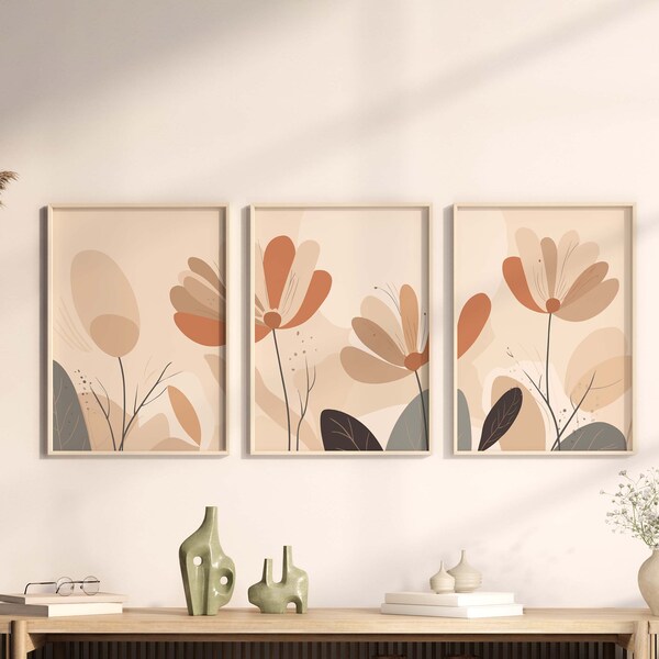 Boho Flower Print, Gallery Wall Art Set, Printable Boho Decor, Mid Century Modern, Handmade Home, Neutral color Prints, Digital Download