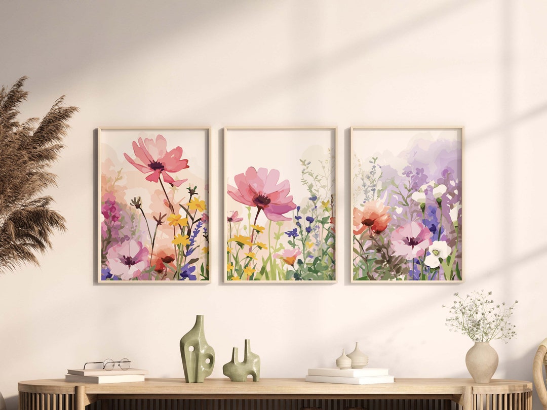 Wildflower Art Prints, Colorful Bright Floral Set of 3, Printable ...
