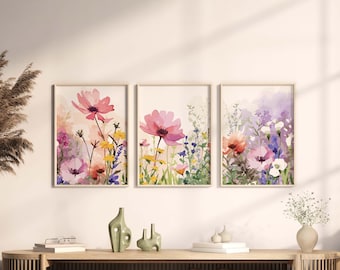 Wildflower Art Prints, kleurrijke heldere bloemenset van 3, afdrukbare bloemen aquarelstijl, digitale download, botanische kunstcadeau, instant DL