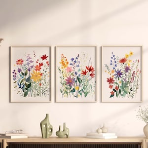 Wildflowers Watercolor Print Set of 3, Colorful Floral Prints, Printable Flower Posters, House Gift, instant Digital Download, Artwork