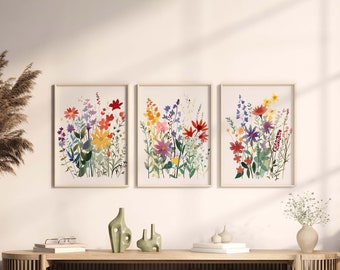 Wilde bloemen aquarel print set van 3, kleurrijke bloemenprints, afdrukbare bloemenposters, huiscadeau, instant digitale download, artwork