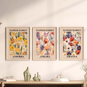 Set Of 3 Prints, Flower Market Print, Gallery Wall Art Poster, Set of Three Wall Art, colorful Flower Bundle, digital Download, blue, yellow