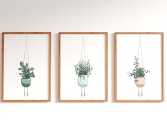 Botanische Hängepflanzen, Minimalistische Kunst, Grüne Wandposter, Botanische Topfpflanzen, Grüner Eukalyptus Druck, Blattdrucke Grün, DL