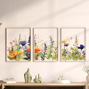Colorful Wildflower Art Set Of 3, Bright Floral Prints, Digital Download, botanical Artwork, Printable Flower Watercolors, instant gift