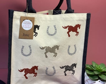 Handprinted midi size jute bag with horse design