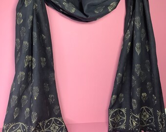 Handprinted black pure cotton scarf with Indian flower design.