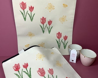 Handprinted cotton canvas zipped tote bag with tulip design