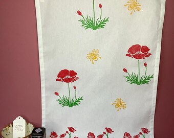 Handprinted  red poppies cotton tea towel