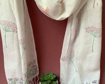 Handprinted cotton linen flower meadow scarf