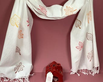 Handprinted pure cotton scarf with Autumn leaves design.