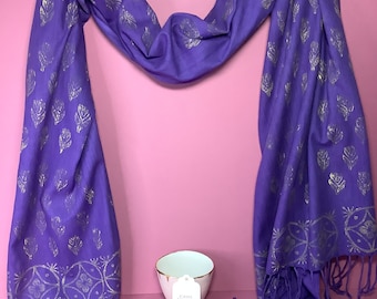 Handprinted purple pure cotton scarf with gold Indian flower design.