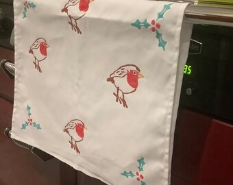 Handprinted  Robin cotton tea towel