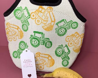 Handprinted lunch bag with neoprene lining, 3 designs.