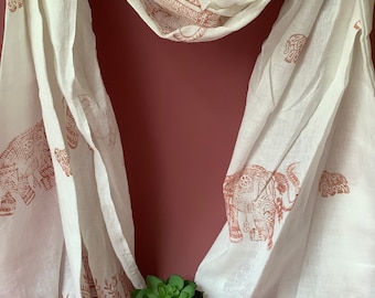 Handprinted cotton linen bronze elephant design scarf
