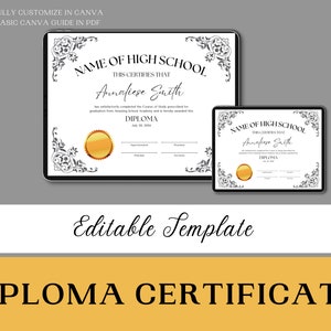 High School Diploma template, General Equivalency Diploma, Editable certificate template, homeschool, Graduate Printable, Canva Template image 1