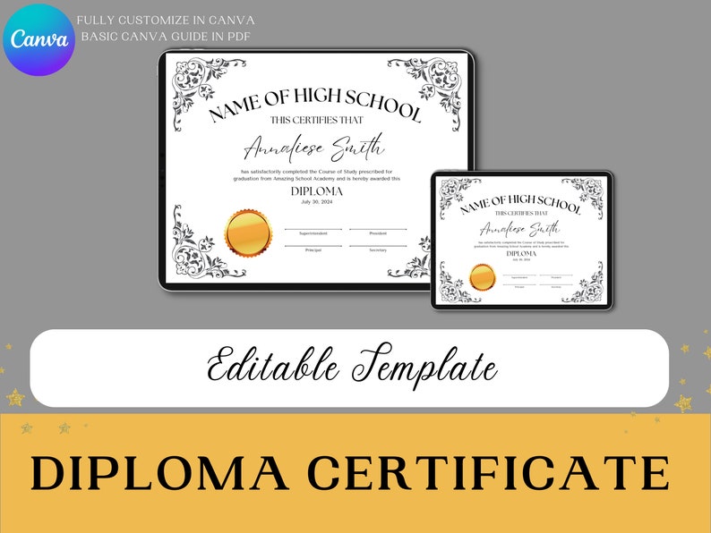 High School Diploma template, General Equivalency Diploma, Editable certificate template, homeschool, Graduate Printable, Canva Template image 1