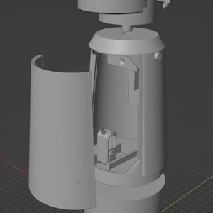 May include: A 3D model of a gray, cylindrical object with a removable top and a hinged side panel. The object has a small, rectangular opening on the side and a circular opening on the bottom.