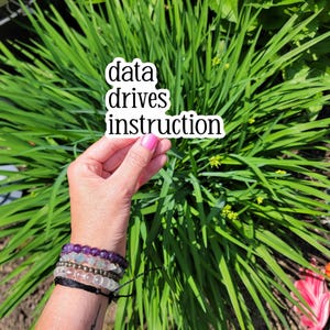 以下が含まれることがあります： 緑の葉の背景に、「data drives instruction」というテキストが書かれた白いステッカーを手に持っている。